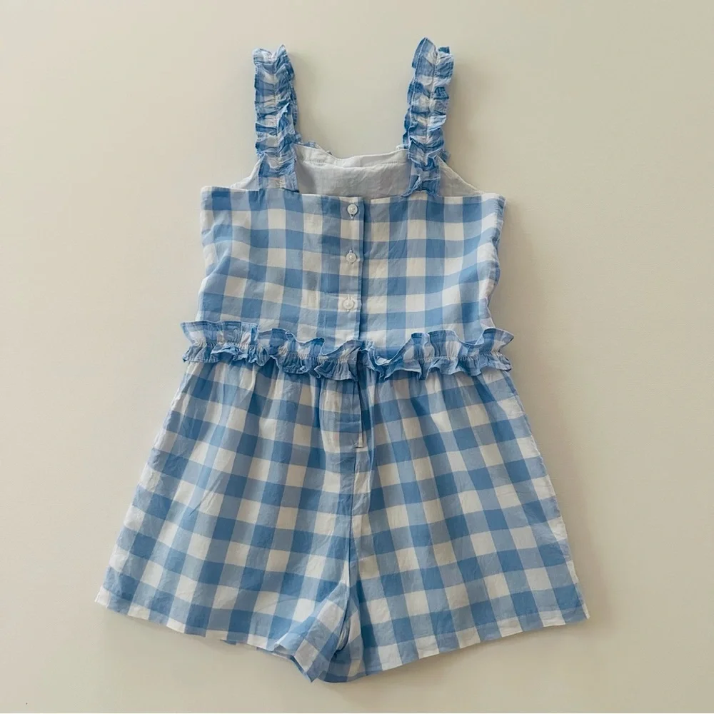 Janie and Jack Girls 7 Blue Gingham Ruffle Romper - Picture 2 of 5